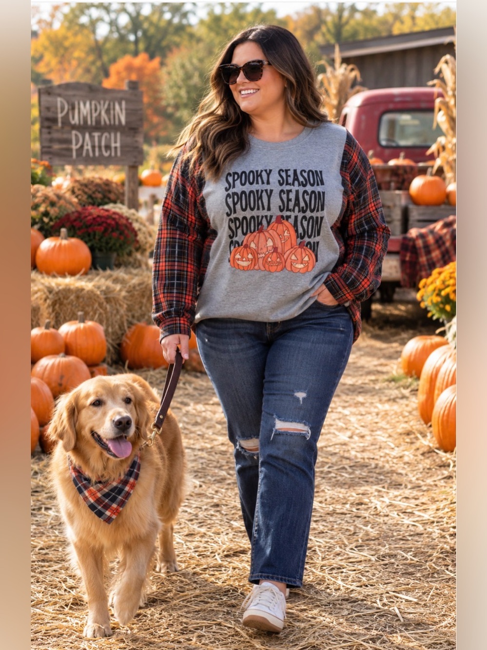 Spooky Season Pumpkin Sweatshirt with Orange Plaid Sleeves Large